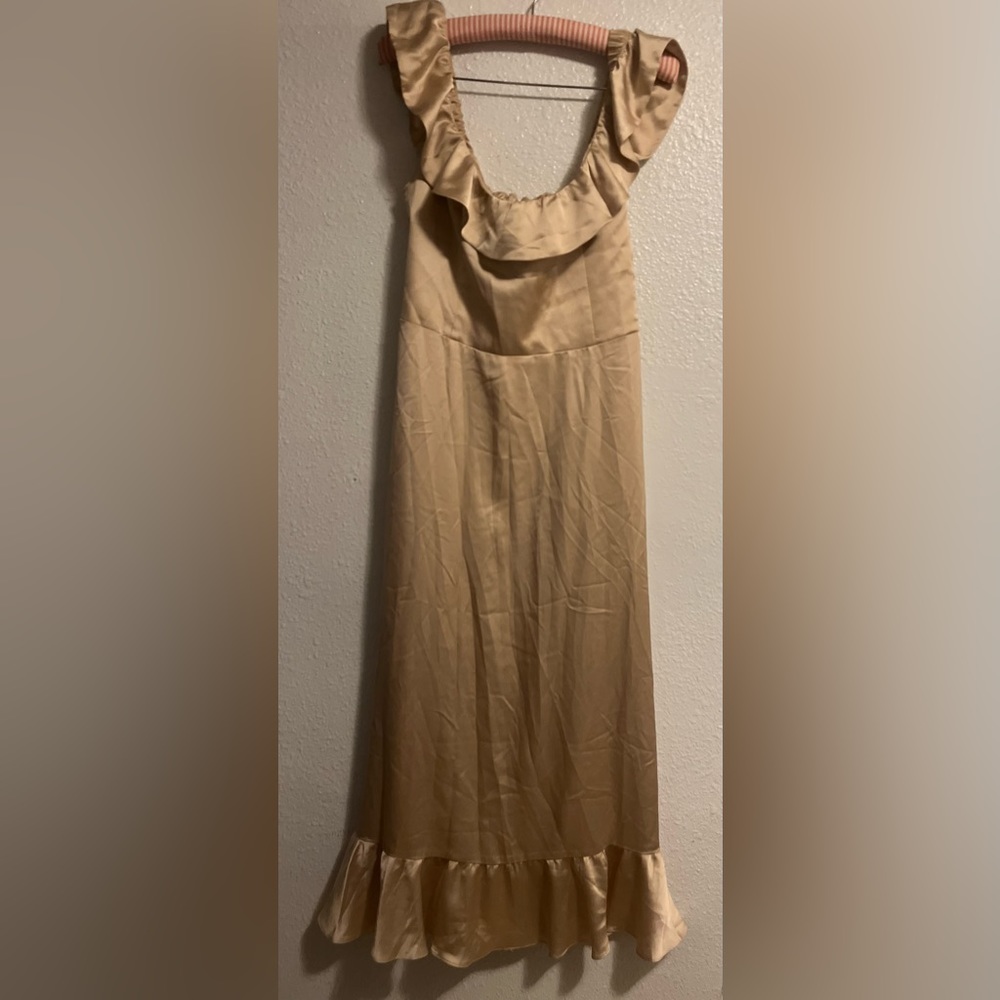 Show Me Your Mumu Gold Off Shoulder Dress with Smocked Back Size Large